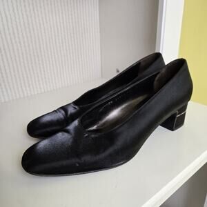 Salvatore Ferragamo Black Satin Low Block Heel Pumps
